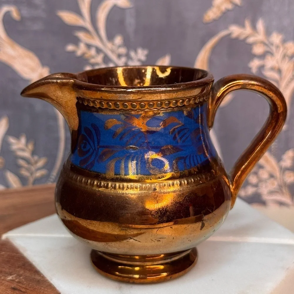 Antique 19th C English Copper Luster Blue Floral Band 3 1/4